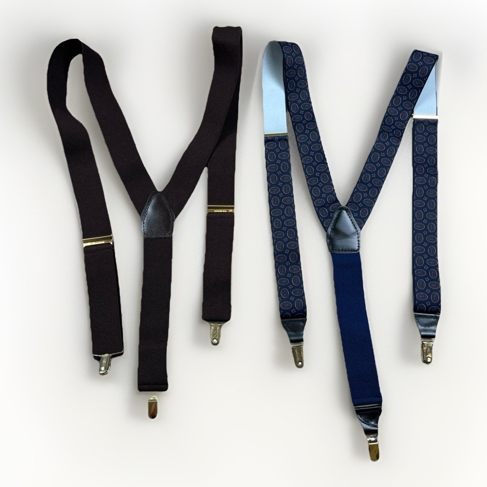 Vintage Pelican Suspenders USA Paisley Patterned /‎ Brown Solid Leather Clips